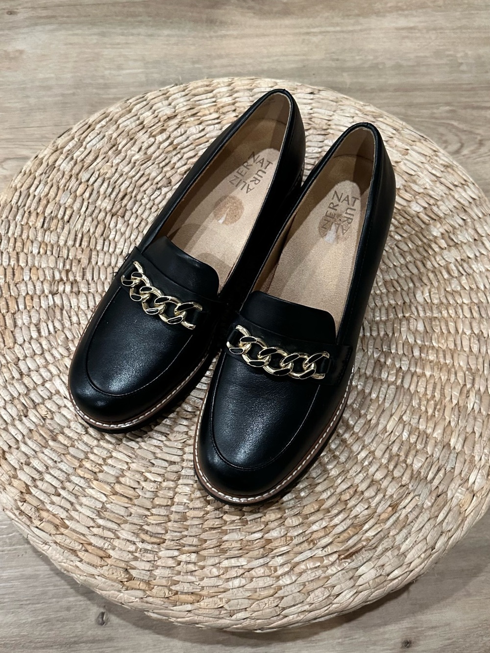 Naturalizer Black Leather Loafers with Gold Chain Accent